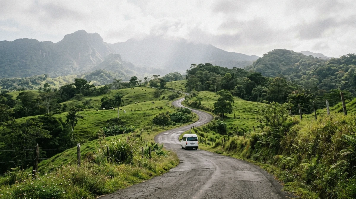 Shuttle van climbing a winding paved road through green Costa Rican hills