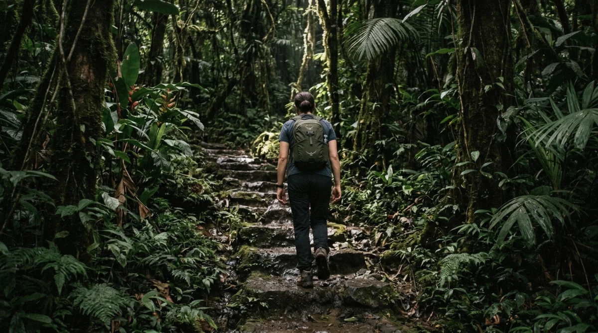 Hiker on a wet stone stair section of a rainforest trail in Costa Rica