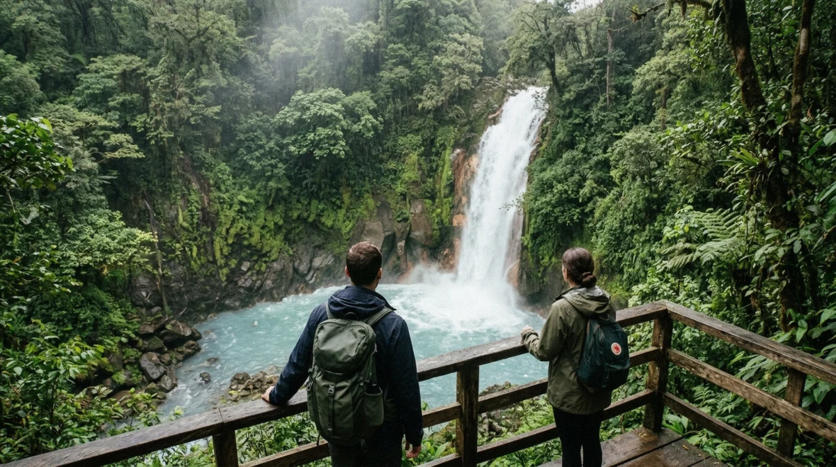Travellers at a lookout above the turquoise Rio Celeste waterfall in Costa Rica